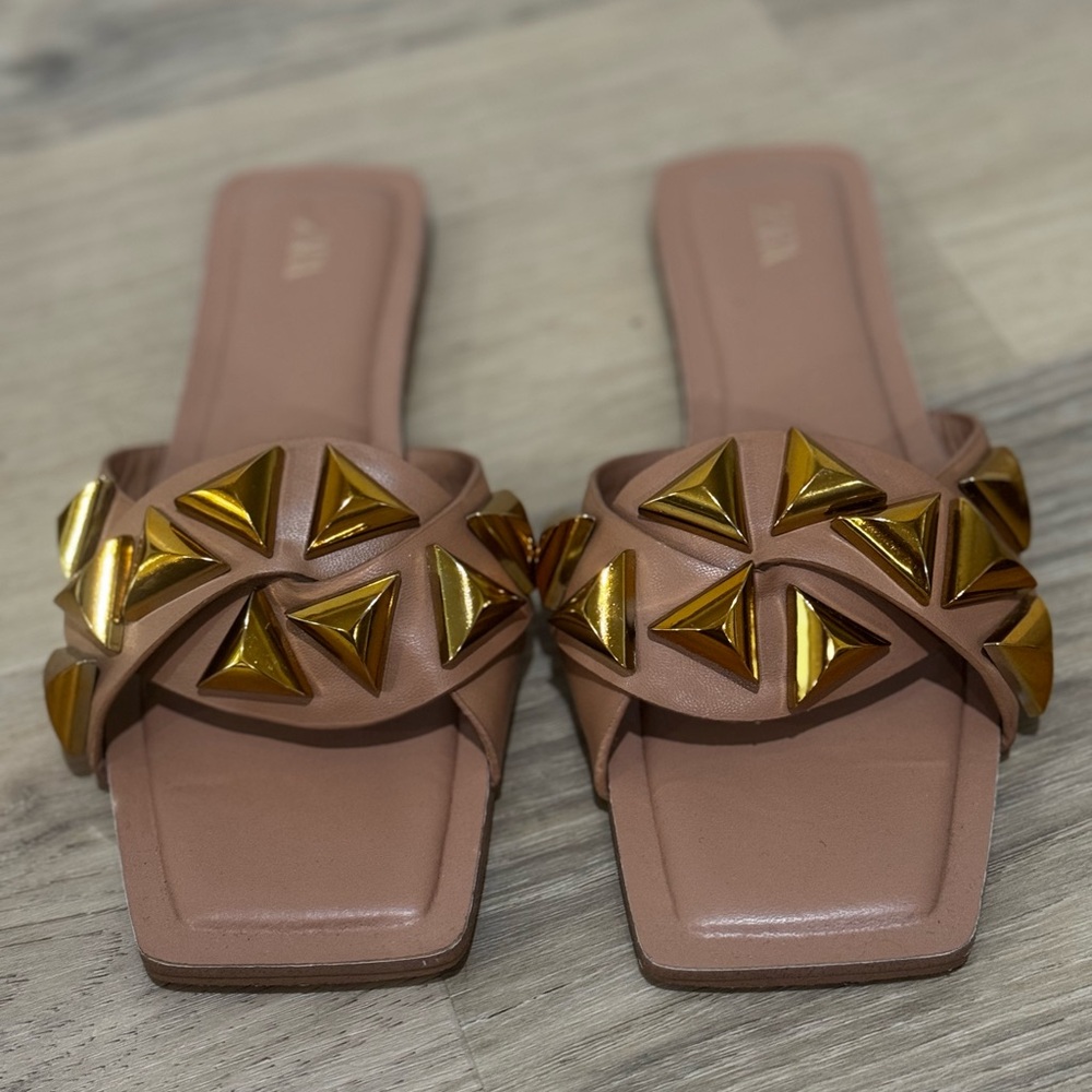 Zara Flat Sandals Studded Tan & Gold - Size 37